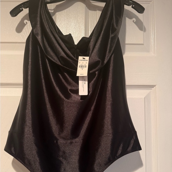 Express Black Satin Cowl Neck Thong Bodysuit Size M New with Tags - Picture 2 of 4